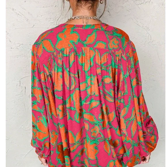 Boho Floral Print Vibrant Button Down Oversized Long sleeve Top - Picture 3 of 3